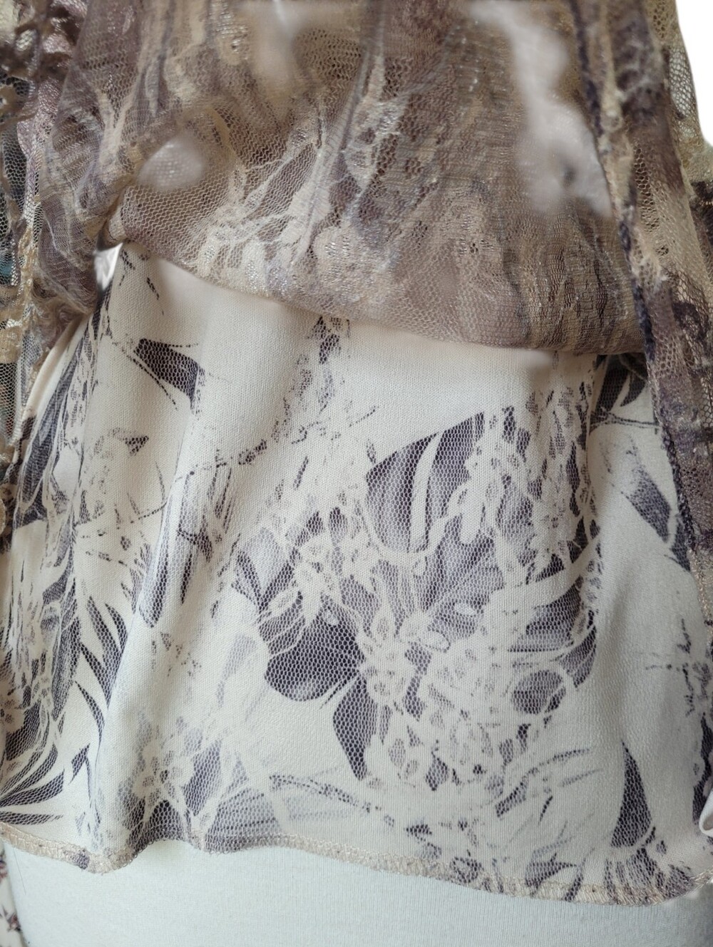 Y2K Fairycore Lace Overlay Botanical Print Blouse Rhinestones Lavender Cream - Picture 5 of 14